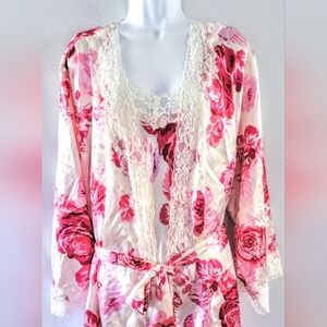 Amoureuse Satin Peignoir Set Long Lace Gown Robe Floral Lingerie Elegant Sexy 3X